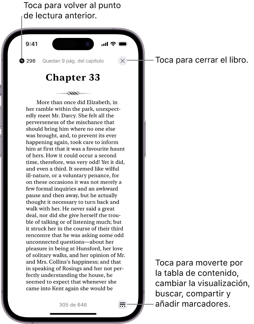 Página de un libro en la app Libros. En la parte superior de la pantalla están los botones para volver a la página en la que habías empezado a leer y para cerrar el libro. En la parte inferior derecha de la pantalla se encuentra el botón Menú.
