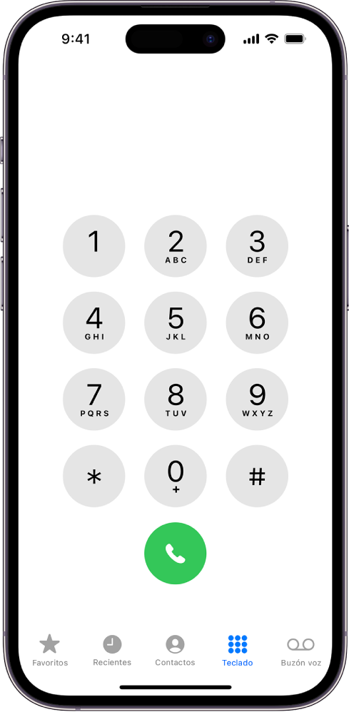 Teclado de marcación en la app Teléfono con los números del uno al nueve. Debajo de eso está el botón verde Llamar. En la parte inferior están los botones Favoritos, Recientes, Contactos, Teclado (seleccionado) y “Buzón de voz”.