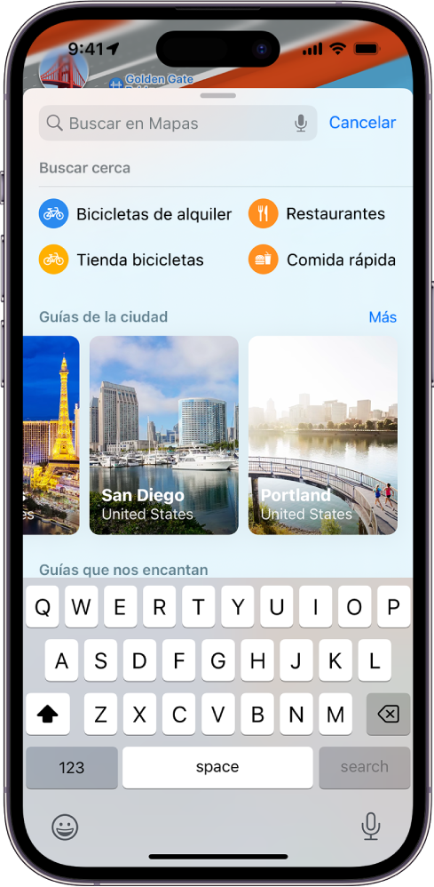 Tarjeta de búsqueda en la app Mapas. Las categorías próximas debajo del campo de búsqueda incluyen “Servicios de alquiler de bicicletas” y Restaurantes.