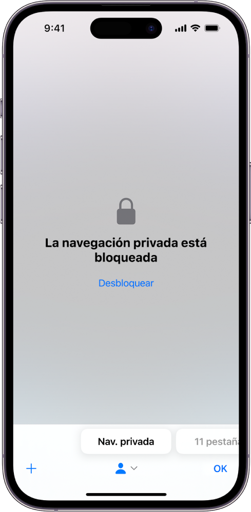 La app Safari está abierta en el modo de navegación privada. En el centro de la pantalla aparecen las palabras “La navegación privada está bloqueada”. Debajo de eso está el botón Desbloquear.