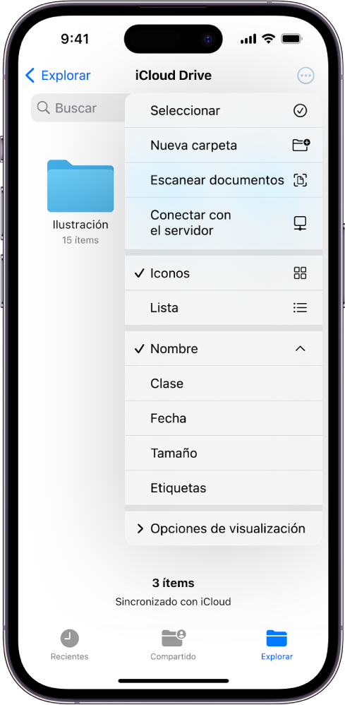 La app Archivos con el botón Más seleccionado. En el menú visible están las opciones Seleccionar, “Nueva carpeta”, “Escanear documentos” y “Conectar con el servidor”. Debajo están las opciones para ver los ítems en pantalla como iconos o como una lista. En la parte inferior están las opciones de ordenación: Nombre, Clase, Fecha, Tamaño y Etiquetas, seguidas de “Opciones de visualización”.