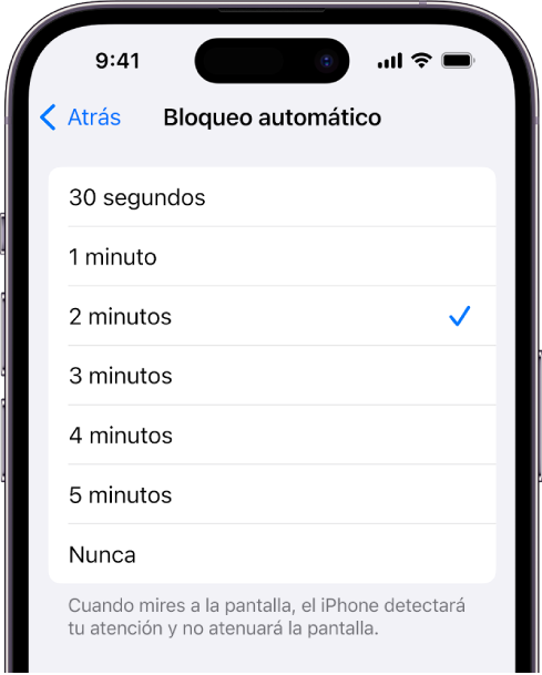 La pantalla “Bloqueo automático”, con ajustes para el tiempo que transcurre hasta que el iPhone se bloquea automáticamente.