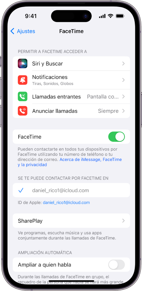 Pantalla Ajustes de FaceTime con el botón para activar o desactivar FaceTime y el campo donde introduces el ID de Apple para FaceTime.