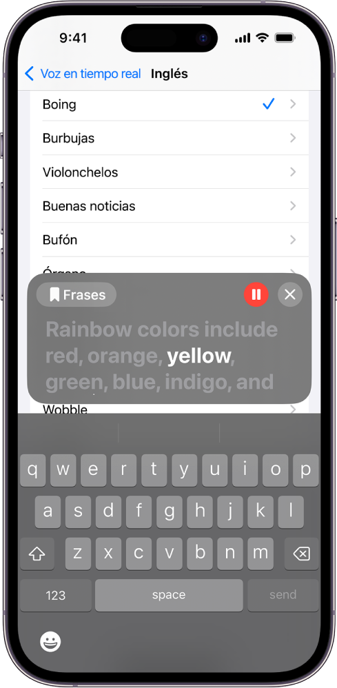La función “Voz en tiempo real” en el iPhone lee el texto introducido.