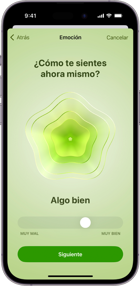 Pantalla en la app Salud donde se identifica el estado de ánimo actual como “Algo bien”. En la parte inferior de la pantalla hay un regulador para ajustar el nivel de la emoción.