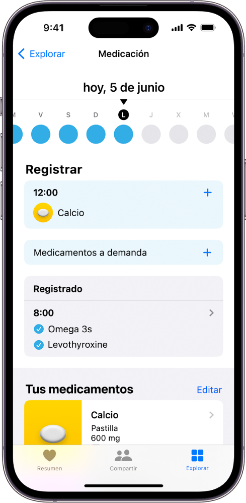 La pantalla Medicación de la app Salud, con una fecha y un registro de los medicamentos.