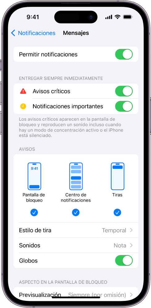 iPhone con ajustes de la app Mensajes para las notificaciones y los avisos.