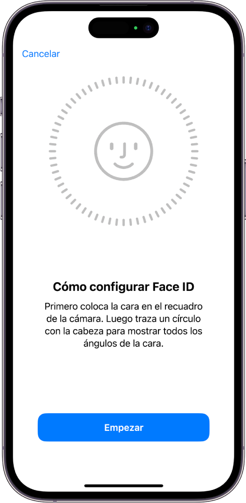 Pantalla de configuración de reconocimiento de Face ID. En la pantalla se muestra una cara rodeada de un círculo. El texto situado debajo de la cara indica al usuario que mueva la cabeza lentamente hasta completar el círculo.
