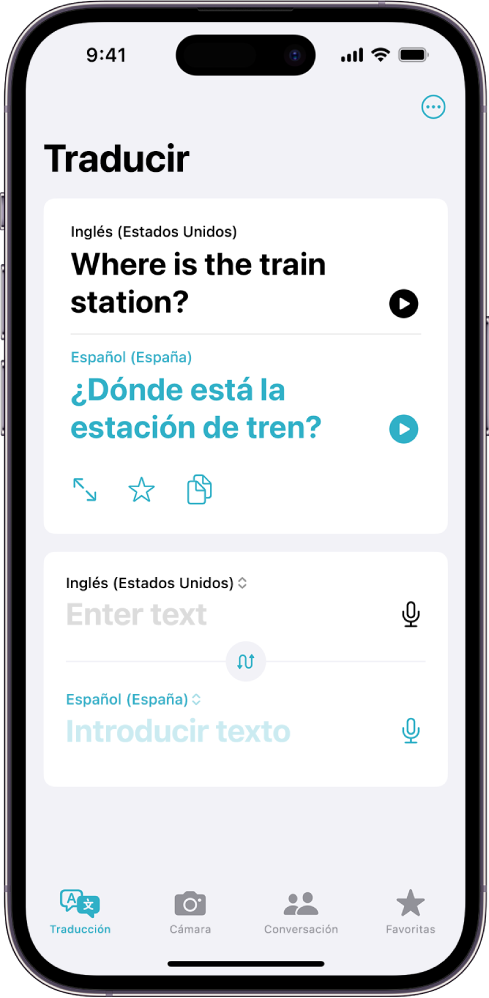 Pestaña Traducción con una frase traducida del inglés al español. Debajo de la frase traducida está el campo para introducir texto.