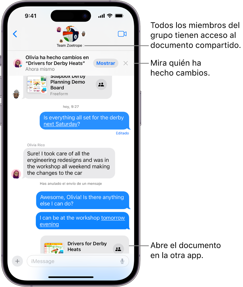 Conversación de grupo en la app Mensajes con una invitación de colaboración y actualizaciones en la parte superior de la ventana de la conversación.