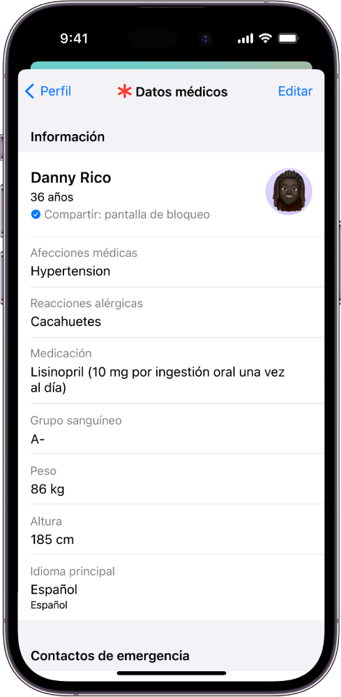La pantalla “Datos médicos” con información como la fecha de nacimiento, afecciones médicas, medicación y un contacto de emergencia.