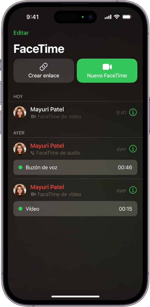 Pantalla para iniciar una llamada de FaceTime con el botón “Crear enlace” y el botón “Nuevo FaceTime” para iniciar una llamada de FaceTime.