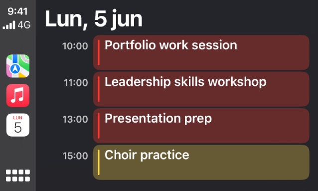 CarPlay con las apps Mapas, Música y Calendario en la barra lateral. A la derecha se muestran los eventos del lunes, 5 de junio: sesión de trabajo, taller sobre habilidades de liderazgo, preparación de la presentación y ensayo del coro.