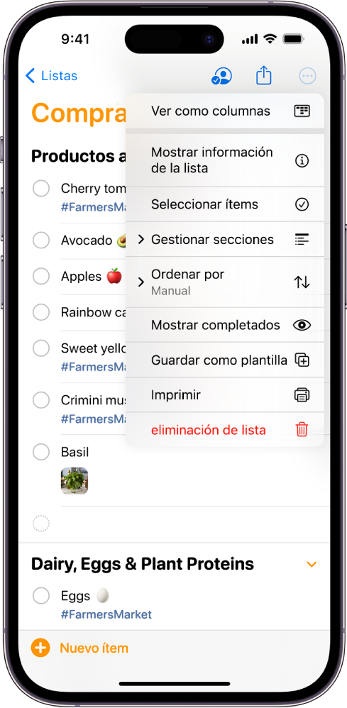 Lista de comprobación para una acampada en la app Recordatorios. Algunos ítems tienen etiquetas, ubicaciones, indicadores y fotos. El botón “Nuevo recordatorio” se encuentra abajo a la izquierda.