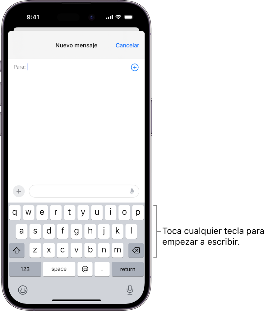 Correo electrónico en blanco abierto en la app Mail. El teclado en pantalla está en la mitad inferior de la pantalla.