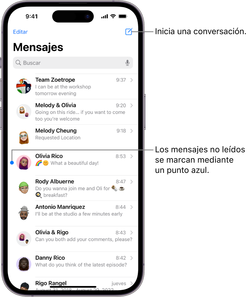 La lista de conversaciones de la app Mensajes con el botón Redactar en la esquina superior derecha. Un punto azul a la izquierda de un mensaje indica que no se ha leído.