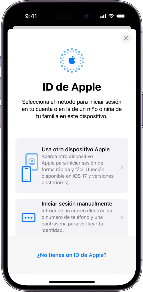 Pantalla de inicio de sesión del ID de Apple con opciones para iniciar sesión usando otro dispositivo Apple, iniciar sesión manualmente o no tener un ID de Apple.