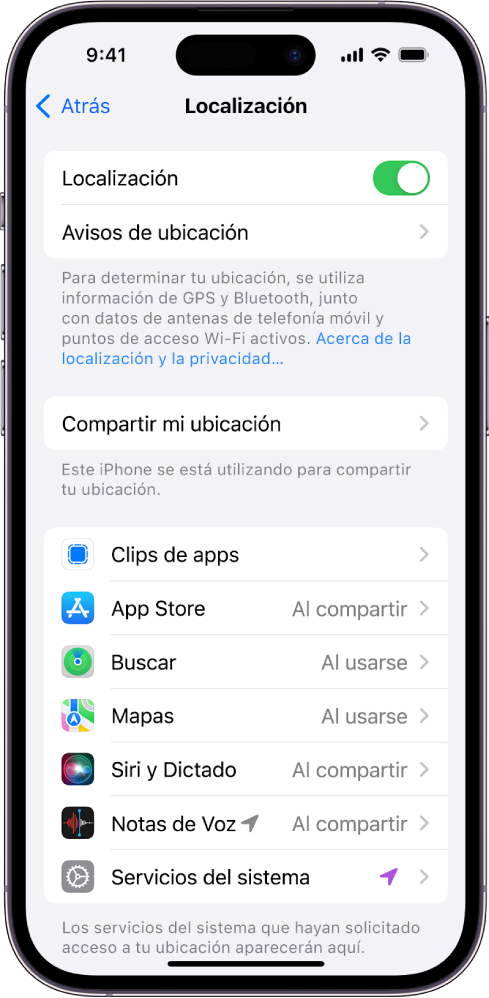 La pantalla Localización, con ajustes para compartir la ubicación del iPhone, incluidos ajustes personalizados para apps específicas.