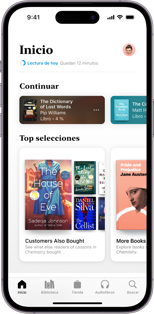 Pantalla Inicio en la app Libros. En la parte inferior de la pantalla, de izquierda a derecha, se muestran las pestañas Inicio, Biblioteca, Tienda, Audiolibros y Buscar. La pestaña Inicio está seleccionada.