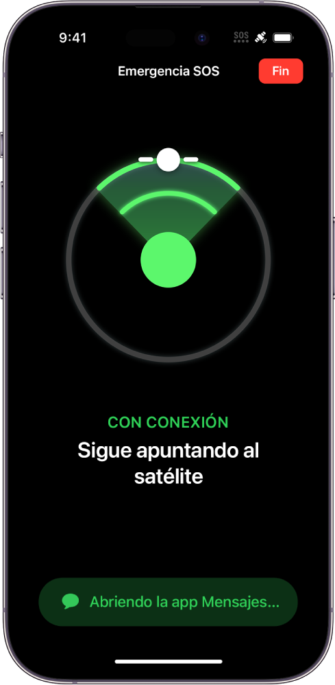 Pantalla “Emergencia SOS” que muestra el teléfono conectado y se está indicando al usuario que siga apuntando al satélite. El botón “Abriendo la app Mensajes” está en la parte inferior de la pantalla.