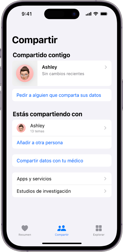 La pantalla Compartir, donde se muestra una persona que comparte datos contigo.