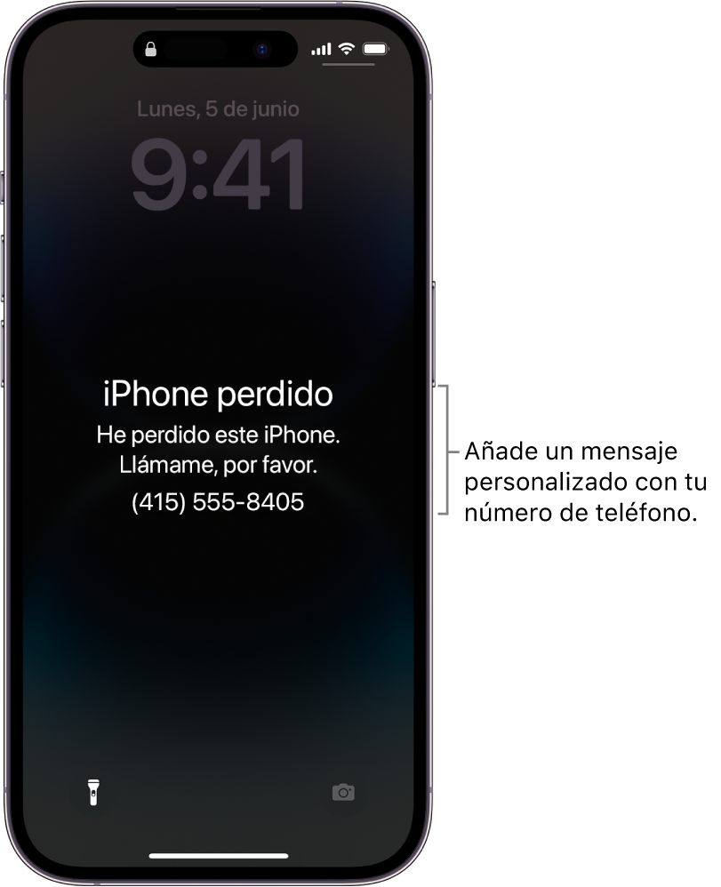 Pantalla de bloqueo con un mensaje de iPhone perdido. Puedes añadir un mensaje personalizado con tu número de teléfono.
