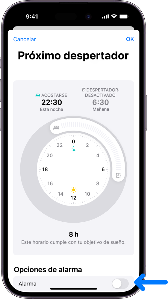 Pantalla “Próximo despertador” de la app Salud con la opción Alarma desactivada en la parte inferior.