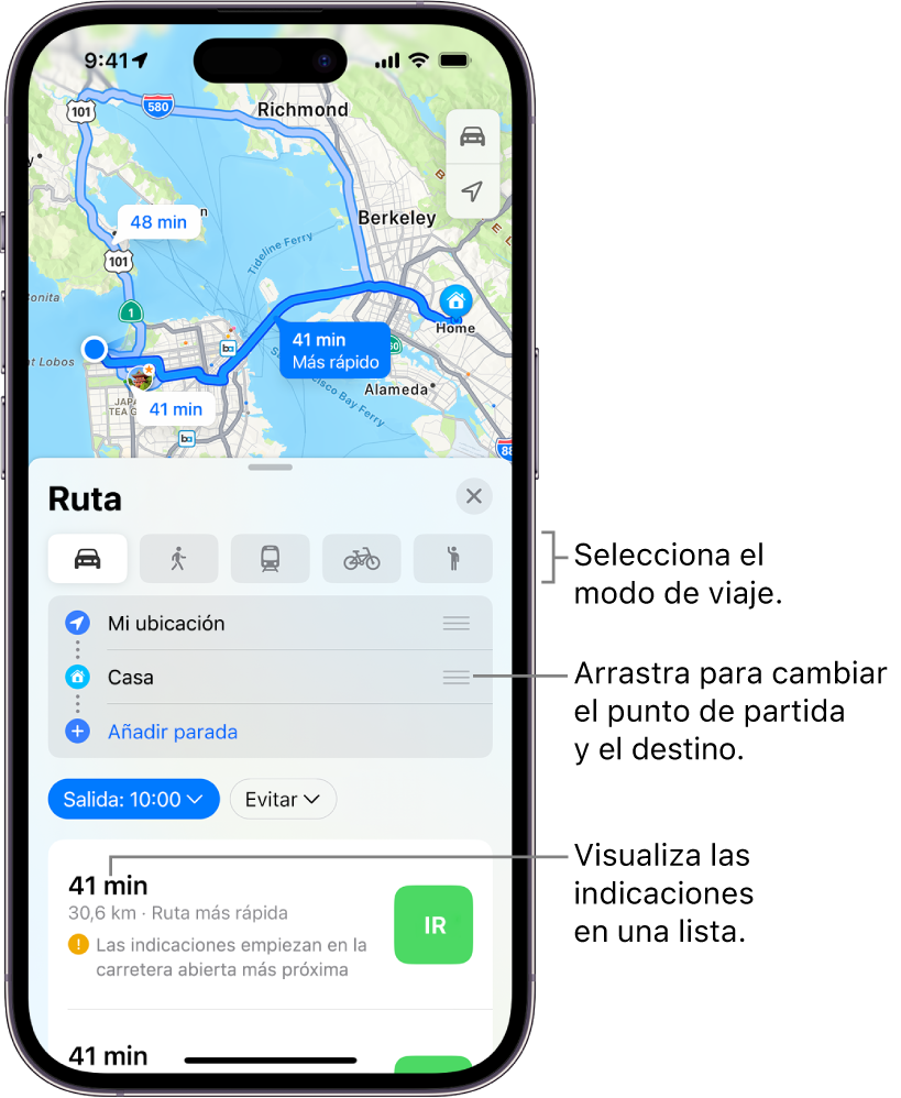 Mapa con varias rutas en coche entre dos ubicaciones, con opciones para elegir otros modos de desplazarse, invertir el punto de partida y el destino y ver las indicaciones en una lista.