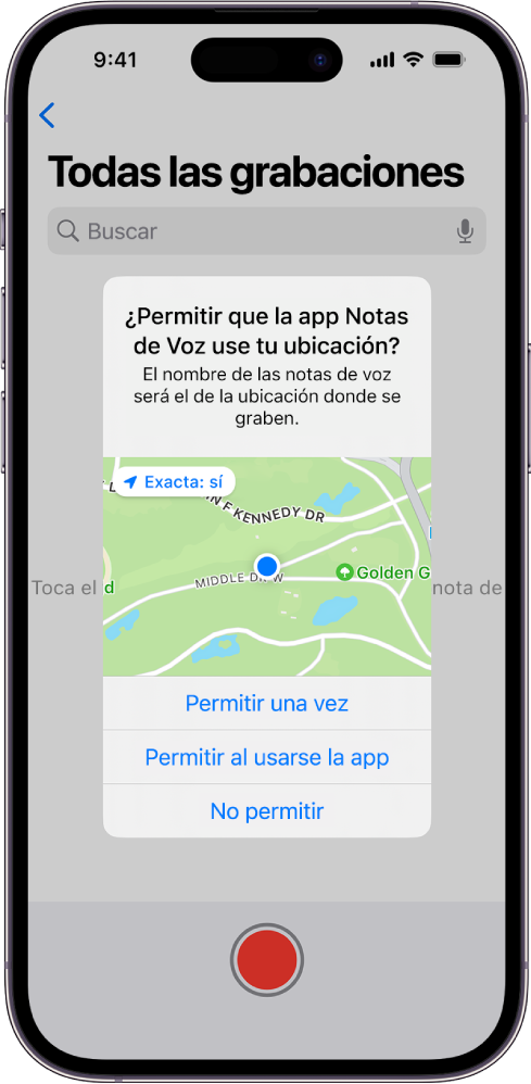 Una solicitud de una app para usar datos de ubicación en el iPhone. Las opciones son “Permitir una vez”, “Permitir al usarse la app” y “No permitir”.