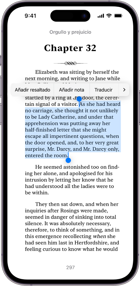 Página de un libro en la app Libros con una parte del texto de la página seleccionado. Los controles Resaltar, “Añadir nota” y Traducir están encima del texto seleccionado.