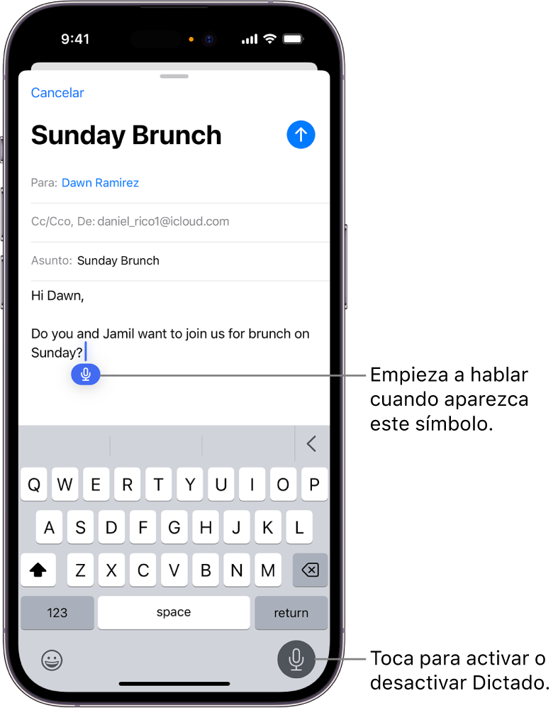 El teclado en pantalla está abierto en la app Mail. El botón Dictado en la esquina inferior derecha de la pantalla está seleccionado y el botón Dictado aparece debajo del punto de inserción en el campo de texto.