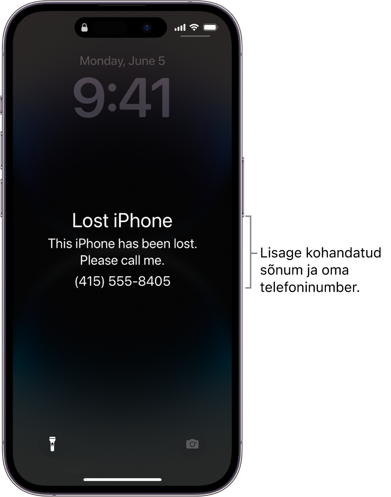 iPhone'i Lock Screen-kuva koos kadunud iPhone’i sõnumiga. Saate lisada kohandatud sõnumi koos oma telefoninumbriga.