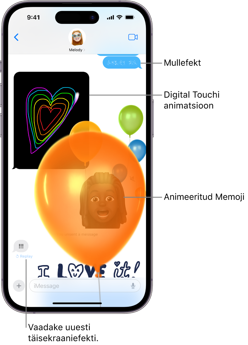 Rakenduse Messages vestlus mulliga ja täisekraaniefektidega ning ka animatsioonidega: Digital Touch ja käsitsi kirjutatud sõnum.