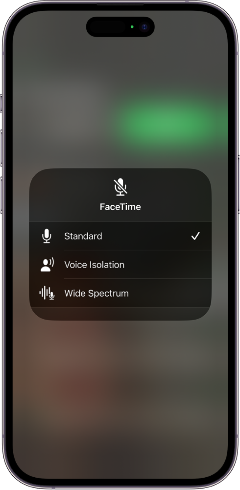 FaceTime'i kõnede Control Center Mic Mode seaded, kus kuvatakse heliseadeid Standard, Voice Isolation ja Wide Spectrum.