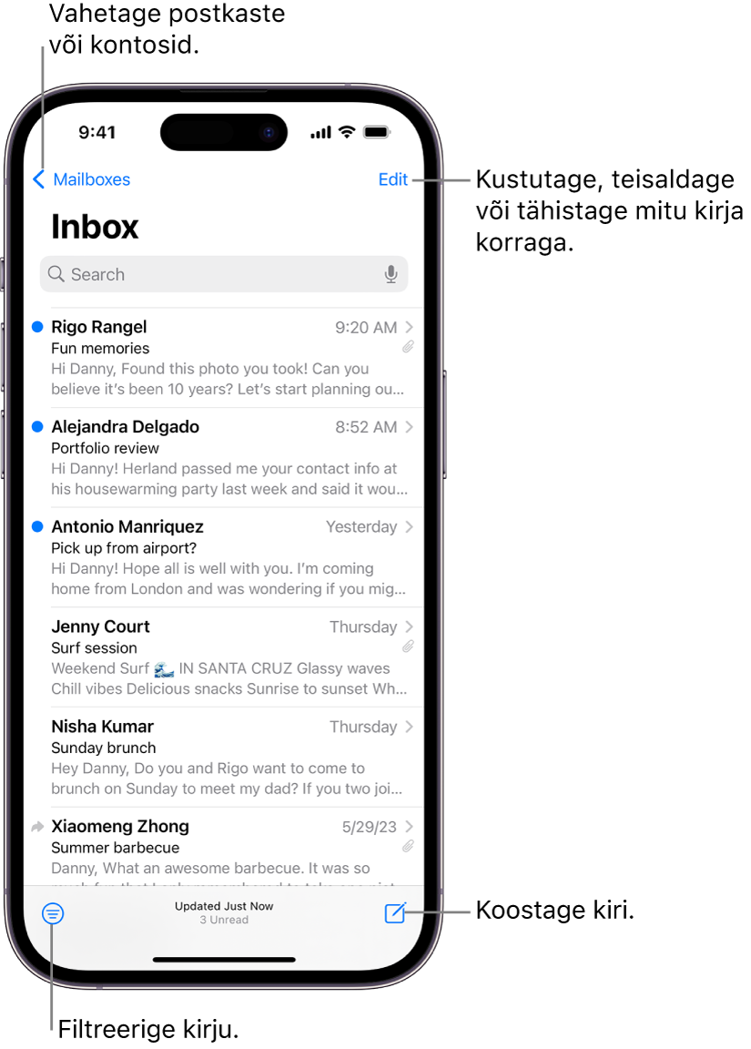 Mail Inboxis kuvatakse e-kirjade loendit.