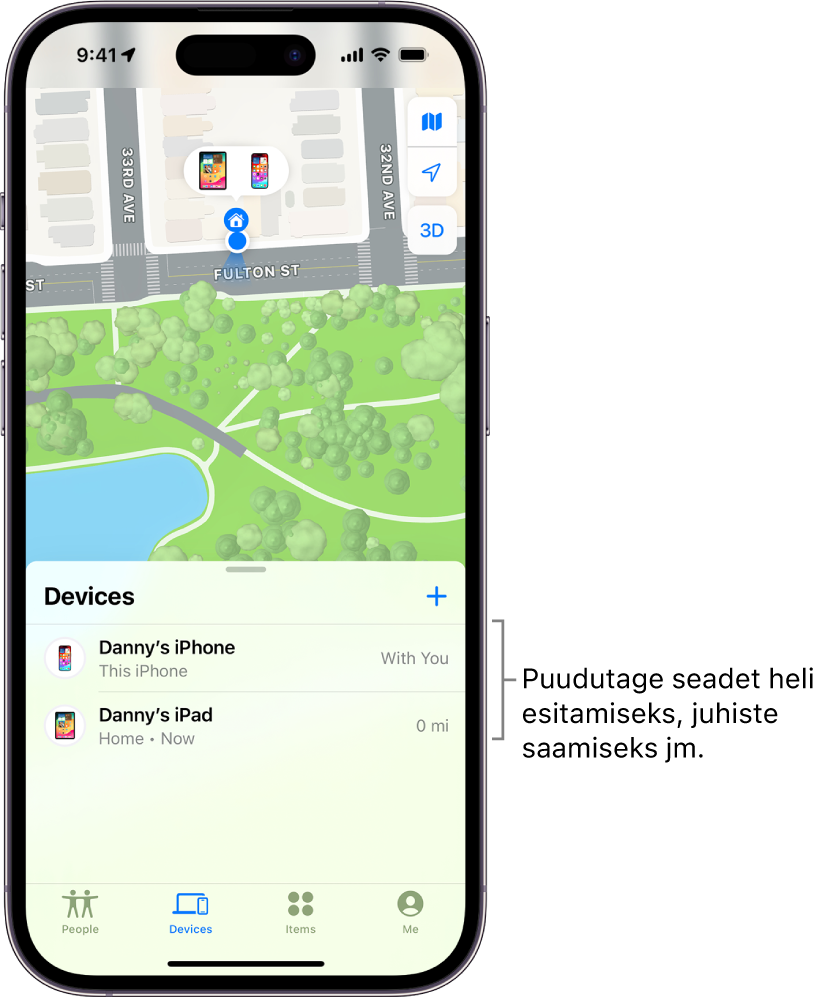 Kuvas Find My on avatud loend Devices. Loendis Devices on kaks seadet: Danny’s iPhone ja Danny’s iPad. Nende asukohti kuvatakse kaardil.