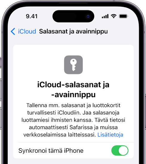 iCloudin Salasanat ja avainnippu -näyttö, jossa on asetus tämän iPhonen synkronointiin.