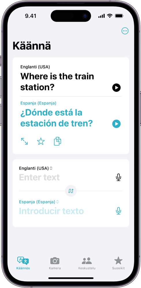 Käännä-välilehti, jossa on käännettynä lause englannista espanjaan. Käännetyn lauseen alapuolella on tekstinsyöttökenttä.