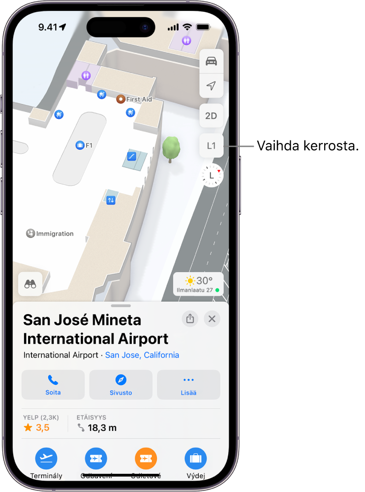 Sisätilojen kartta lentokentän terminaalista. Siellä on rajavalvontapiste, portaat, WC ja ensiapu. Voit muuttaa monikerroksisten karttojen tasoja L1-painikkeella (taso 1).