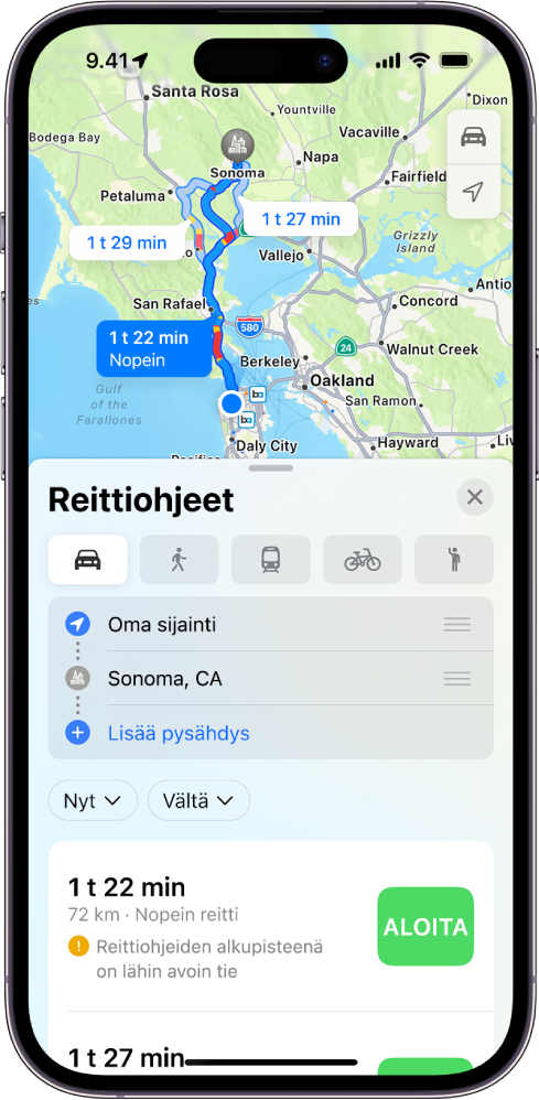 iPhone, jossa näkyy kartta ajo-ohjeista, reittien etäisyys, arvioitu kesto ja Aloita-painikkeet. Jokaisessa reitissä on ilmoitettu liikenneolosuhteet värikoodattuna.