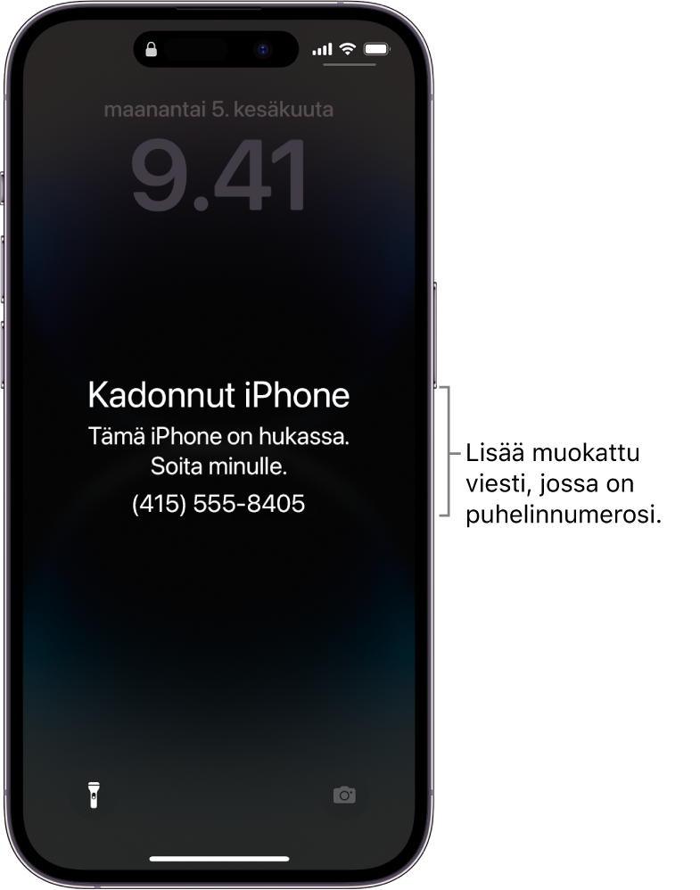 iPhonen lukittu näyttö, jossa on viesti kadonneesta iPhonesta. Voit lisätä muokatun viestin ja puhelinnumerosi.