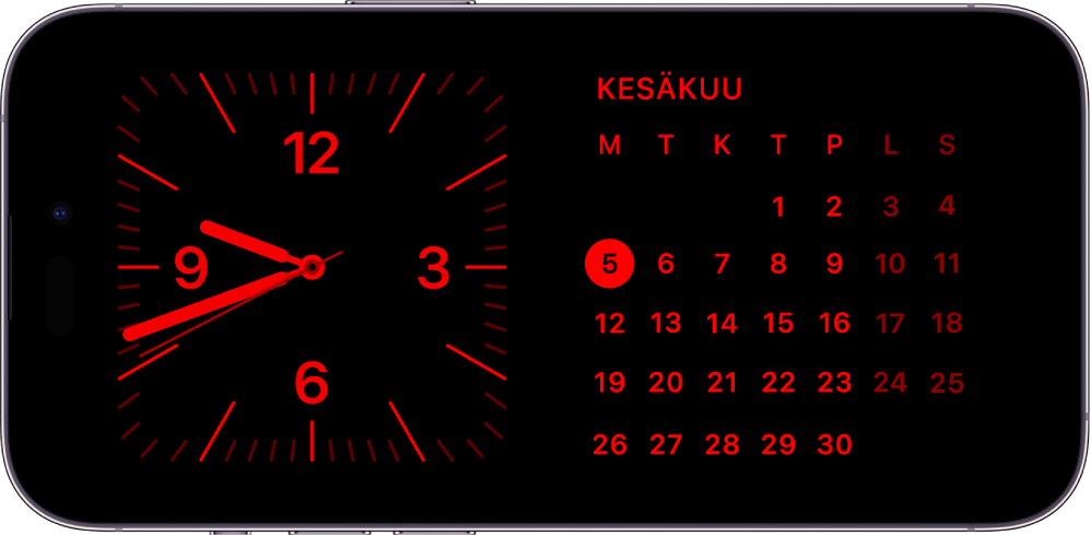 iPhone StandBy-tilassa hämärässä ympäristössä, jolloin Kello- ja Kalenteri-widgetit näkyvät punaisen sävyisinä.