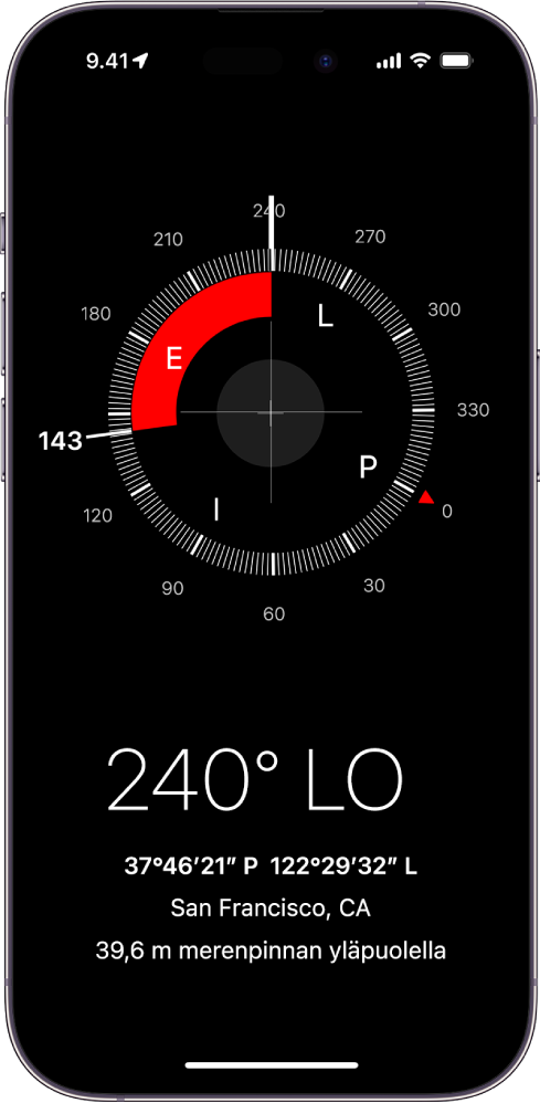 Kompassi-näyttö, jossa näkyy, mihin suuntaan iPhone osoittaa, nykyinen sijainti ja korkeus merenpinnasta.