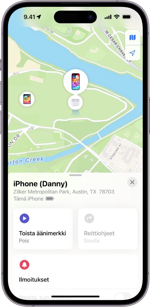 Etsi‑näyttö, jonka yläosassa näytetään iPhonen sijainti kartalla.