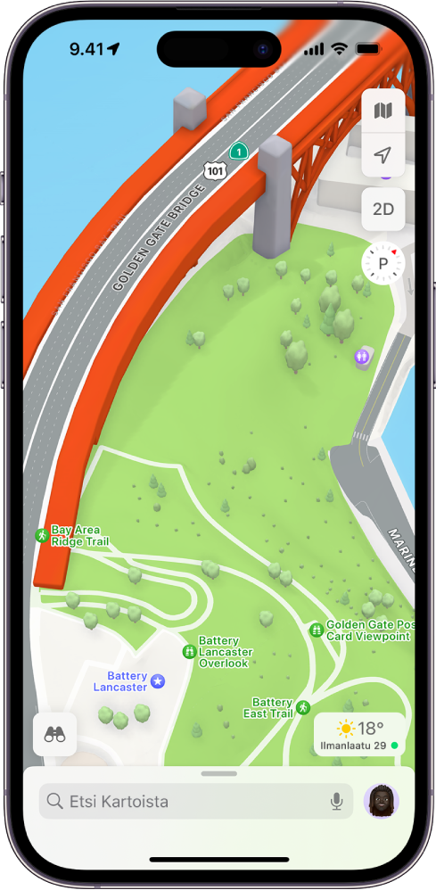 3D-kartta kadusta ja puistosta, näkyvissä on puita, kiintoisia paikkoja ja palveluja, kuten WC:t.