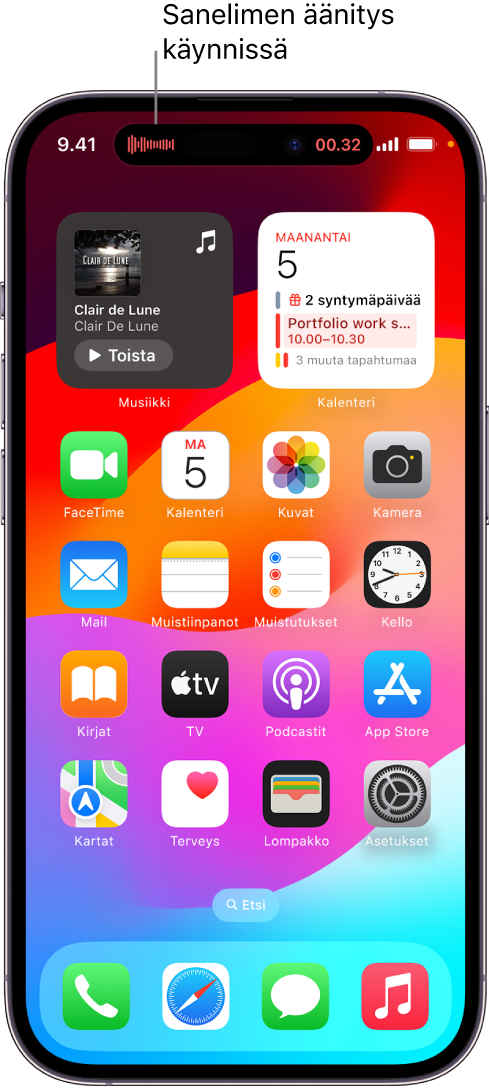 iPhone 14 Pron Koti-valikko, jossa näkyy Sanelimen äänitys Dynamic Islandilla.