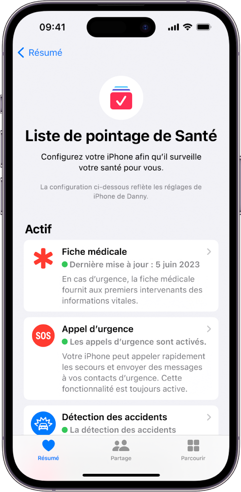 L’écran « Liste de pointage de Santé » indiquant que la fiche médicale, « Appel d’urgence » et les notifications de détection des accidents sont activés.