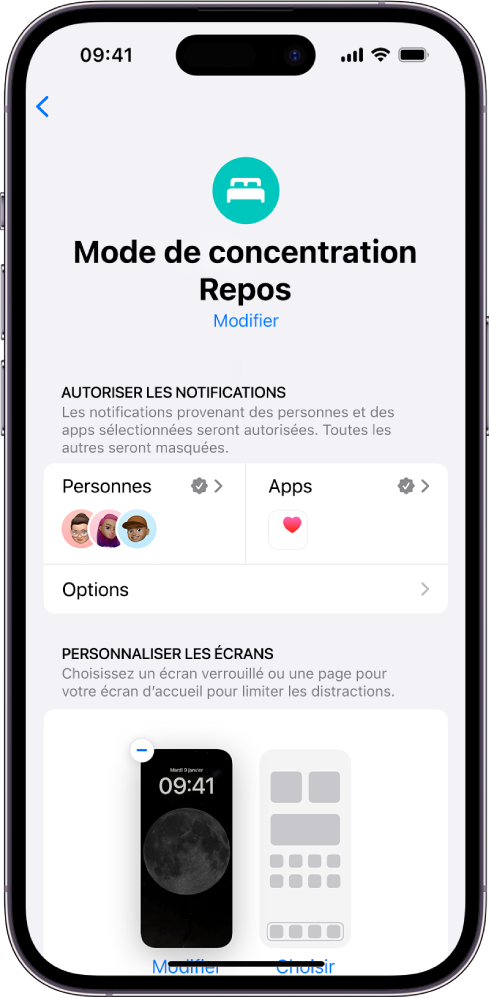 L’écran « Mode de concentration Repos » montrant trois personnes et une app autorisées à envoyer des notifications.