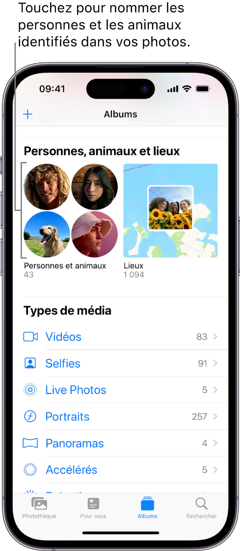 L’écran Albums de l’app Photos. La catégorie Personnes et animaux se trouve en haut de l’écran.