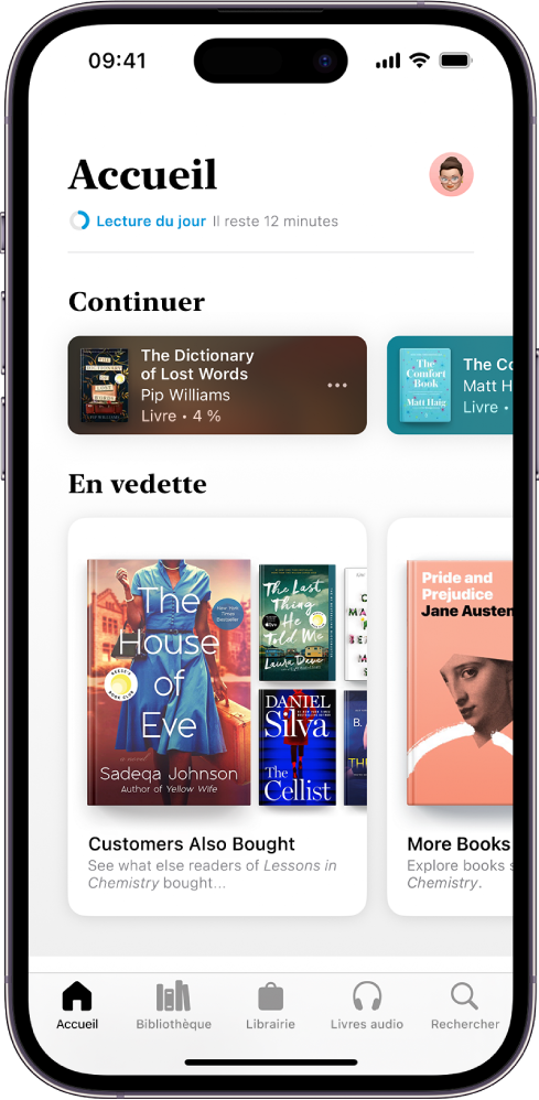L’écran Accueil dans l’app Livres. En bas de l’écran se trouvent, de gauche à droite, les onglets Accueil, Bibliothèque, Librairie, Livres audio et Rechercher. L’onglet Accueil est sélectionné.